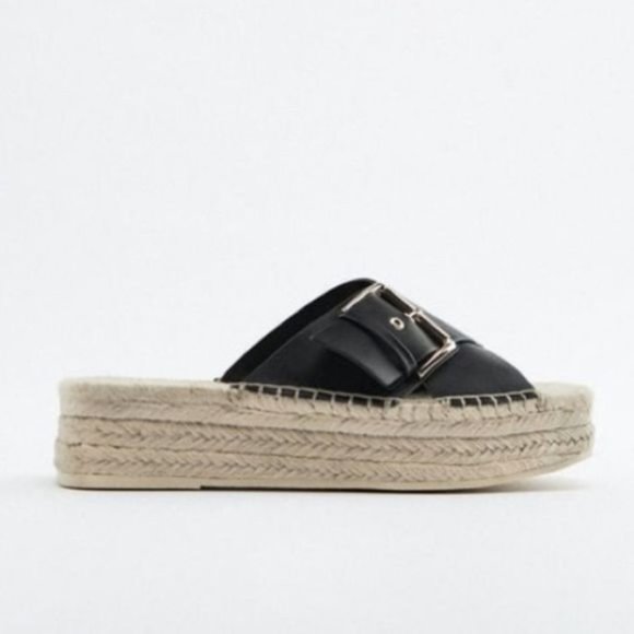 NWT Zara Size 10 Black Jute Wedge Sandals